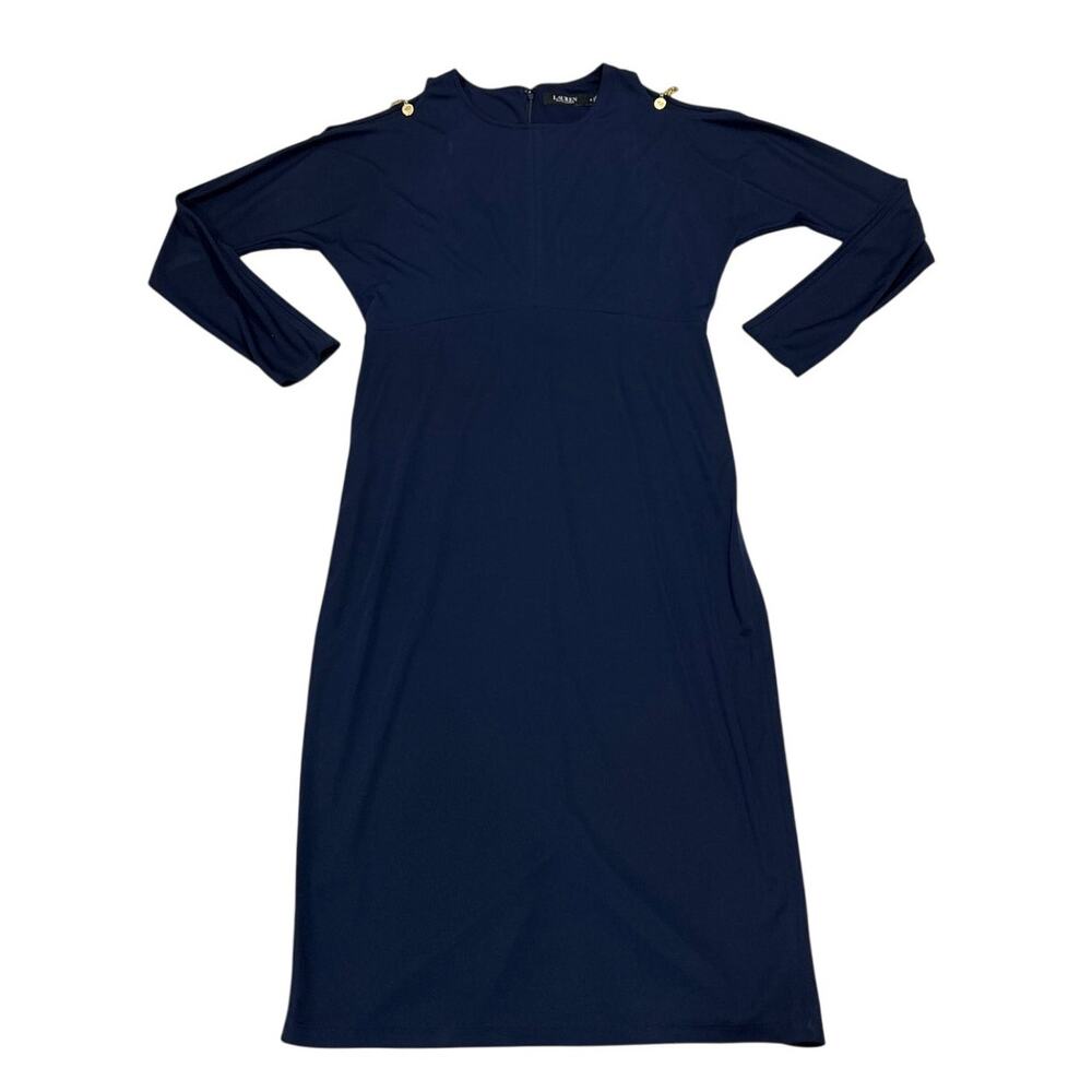 Ralph Lauren Women’s 12 Navy Blue Long Sleeve Dress Gold Hardware Details Office